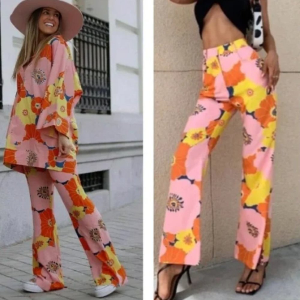 Zara Flower Print Flare/Wide Leg Pants in Pink Orange Yellow Flowers
